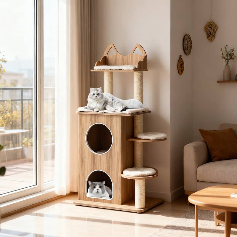 Natural and Beige Wooden Cat Tree Tower with Dual Condos Perches and Scratching Posts 48 Inch - 32" x 22.5" x 48" (L x W x H) - Brown