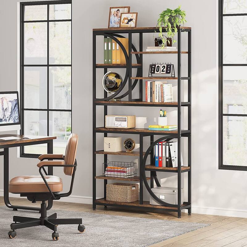 77" Tall Industrial Bookcase, Open Bookshelf Display Shelves - Brown