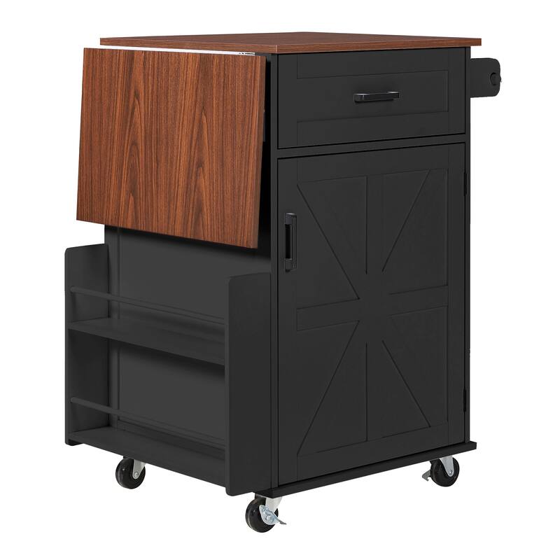 39.3" Farmhouse Kitchen Island with Drop Leaf, Towel Rack & Rolling Cart