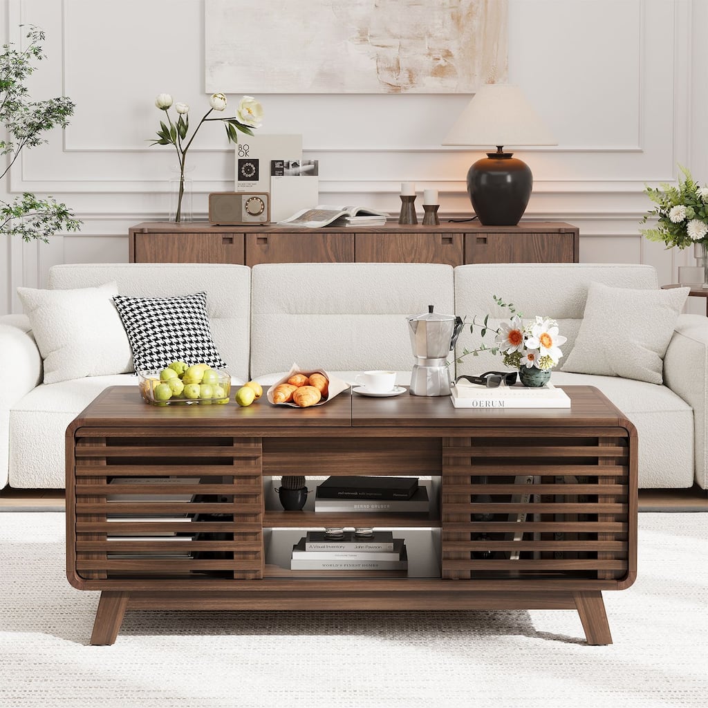 Meyreso Mid Century Coffee Table with Storage, Modern Center Table with Sliding Cabinet for Living Room, Walnut Color