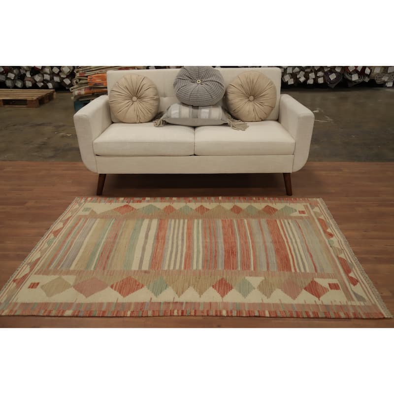 Hand Woven Oriental 100% Wool Carpet Southwestern Tribal Oranges & Rust Kilim Area Rug - 5' 11'' X 3' 11''