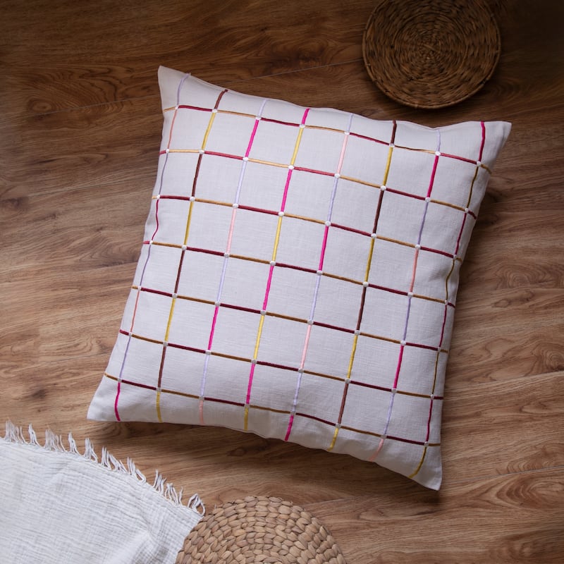 Handwoven Checkered Square Throw Pillow Cover - 20" - White and Pink
