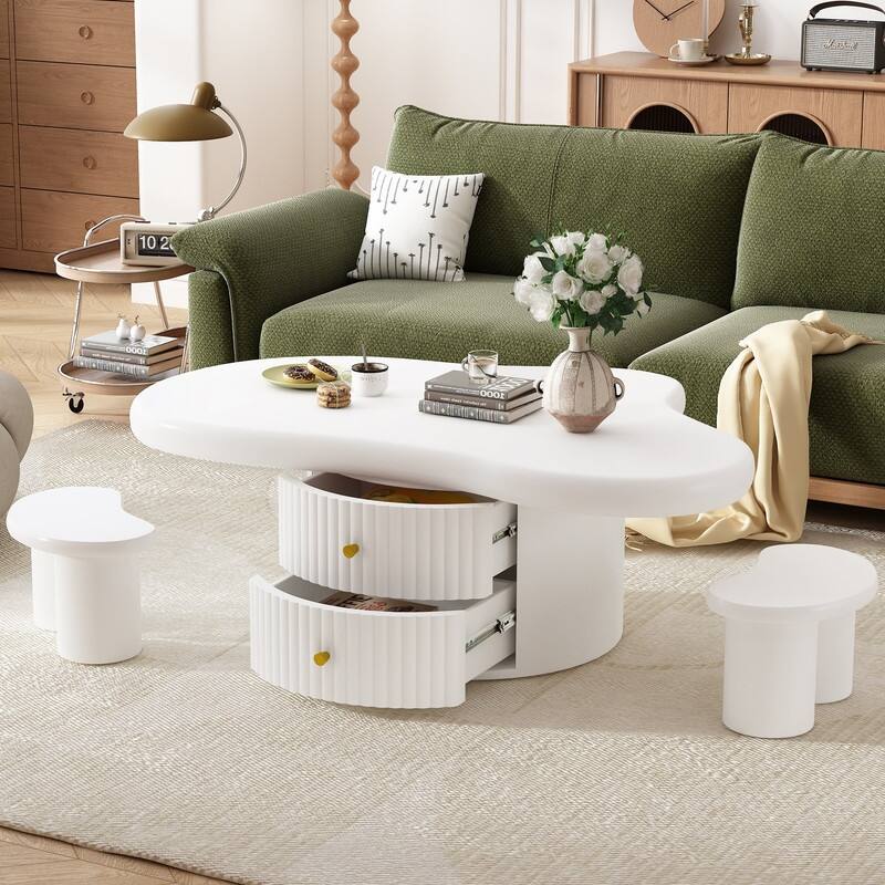 Cream Style Cloud-Shaped Coffee Table Set of 3, Irregular Design Cocktail End Table with Storage Drawer & 2 Small Stools - Table 1 (Set)