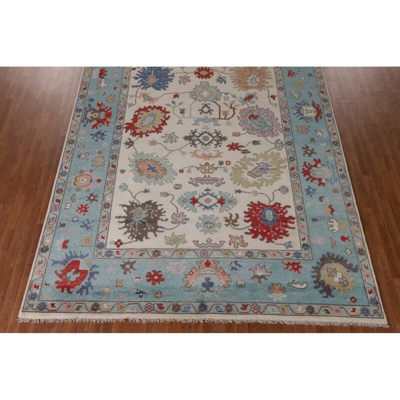 Floral Ivory & Blue Oushak Oriental Area Rug Handmade Wool Carpet - 9'0"x 11'7"
