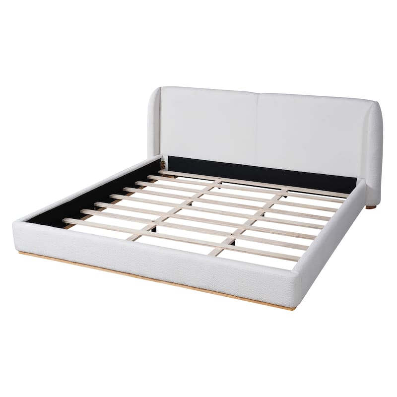 White Low Profile Platform Bed Ground Bed Boucle Frame with Upholstered Wingback Headboard
