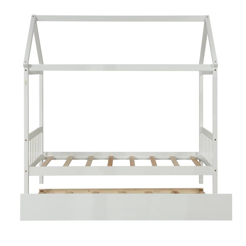 Solid Wood Twin House Bed Frame with Trundle, No Box Spring Needed, White Finish