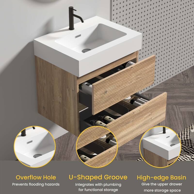 GDFStudio - Grace Wall-Mounted Bathroom Vanity with Engineered Quartz Sink & Soft Close Drawers, without Drainage and Faucet