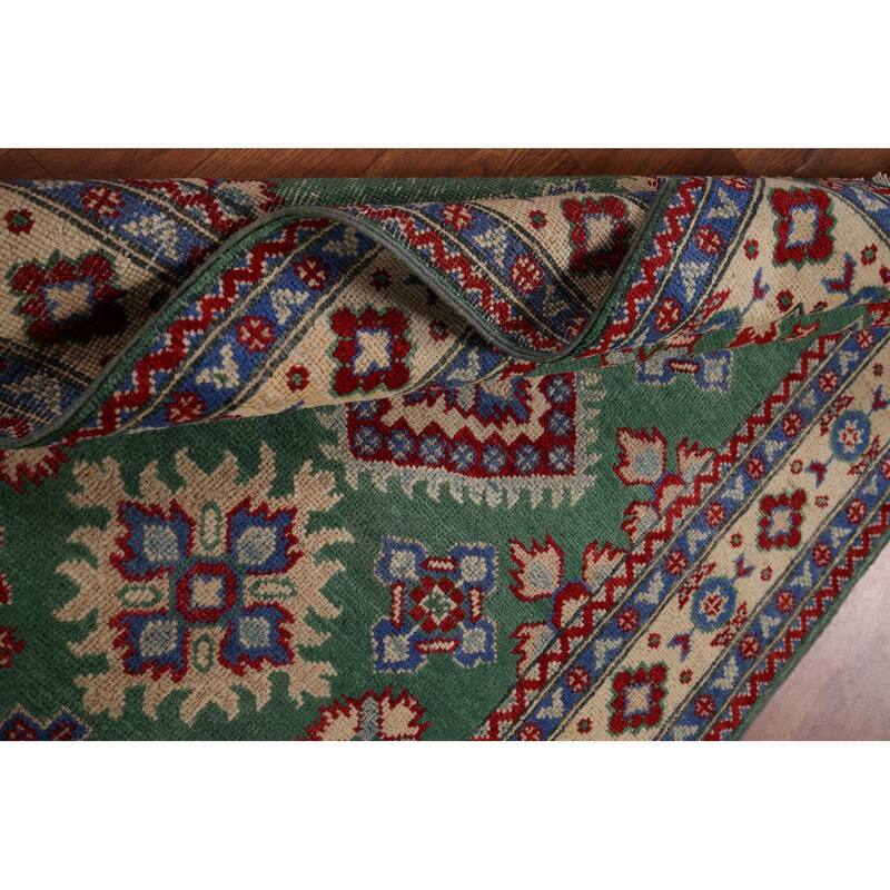Green Geometric Kazak Oriental Accent Rug Handmade Wool Carpet - 3'4" x 4'10"
