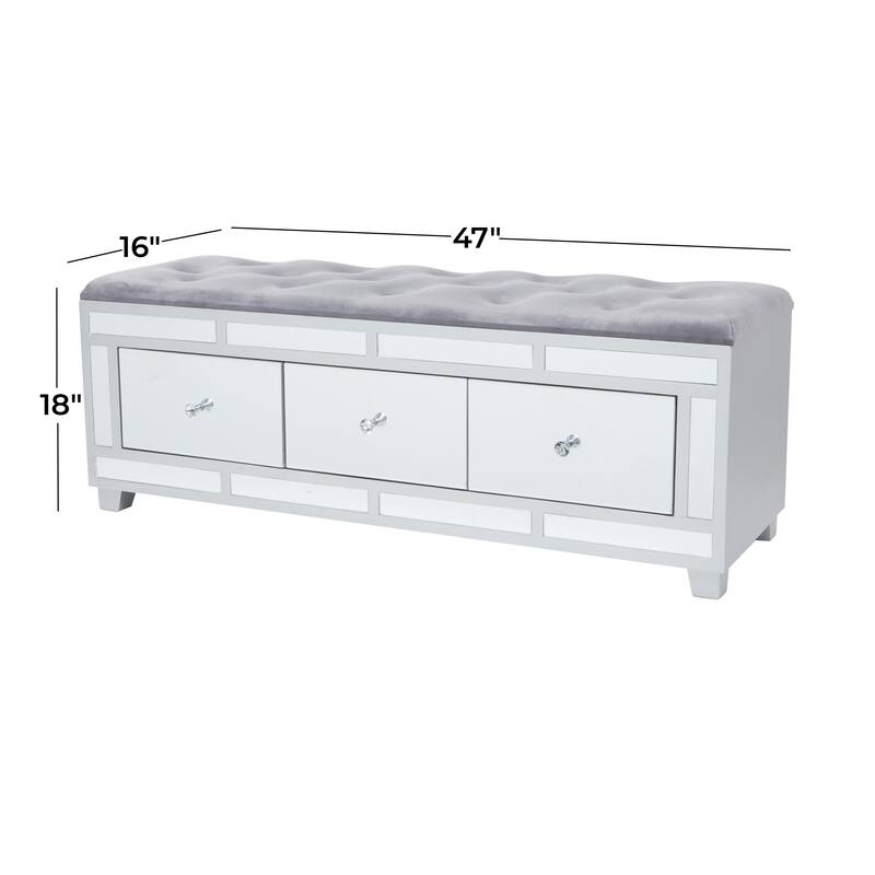 Gray Velvet Mirrored 3 Drawer Room Storage Bench with Upholstered Seat