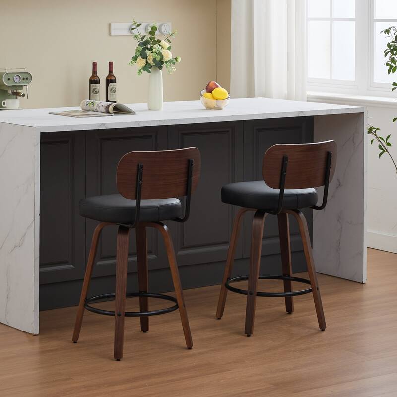 Mid Century Modern Swivel Bar Stools Set of 2, Upholstered Faux Leather Counter Height Bar Chairs with Back & Footrest