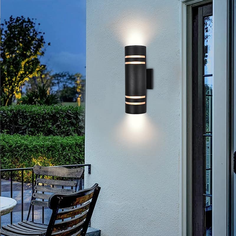2-Light Industrial Vintage Black Linear Cylinder Patio Light Waterproof IP54 Lantern Outdoor Wall Sconces with Light Sensor