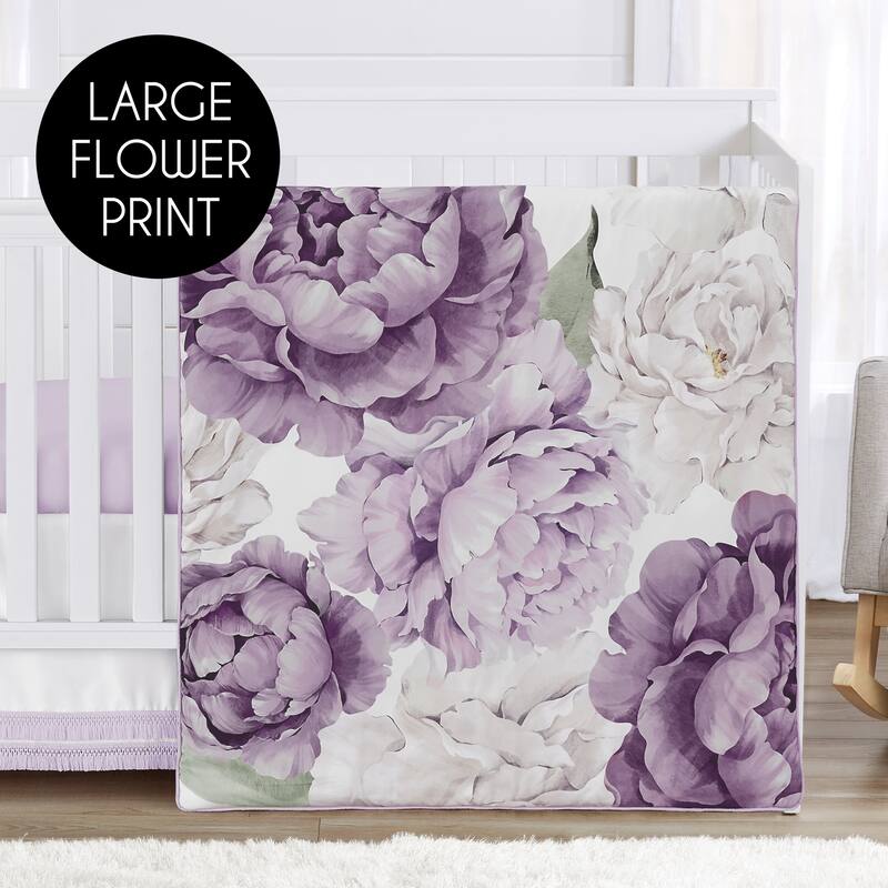 Sweet Jojo Designs Lavender Purple Boho Shabby Chic Floral Girl 4pc Nursery Crib Bedding Set Ivory Bohemian Vintage Watercolor