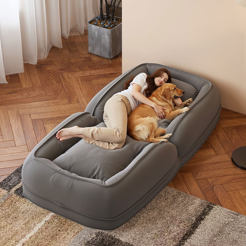 Upholstered Human & Dog Shared Sofa Bed, 5-Position Adjustable Foldable Lounger with Pillows