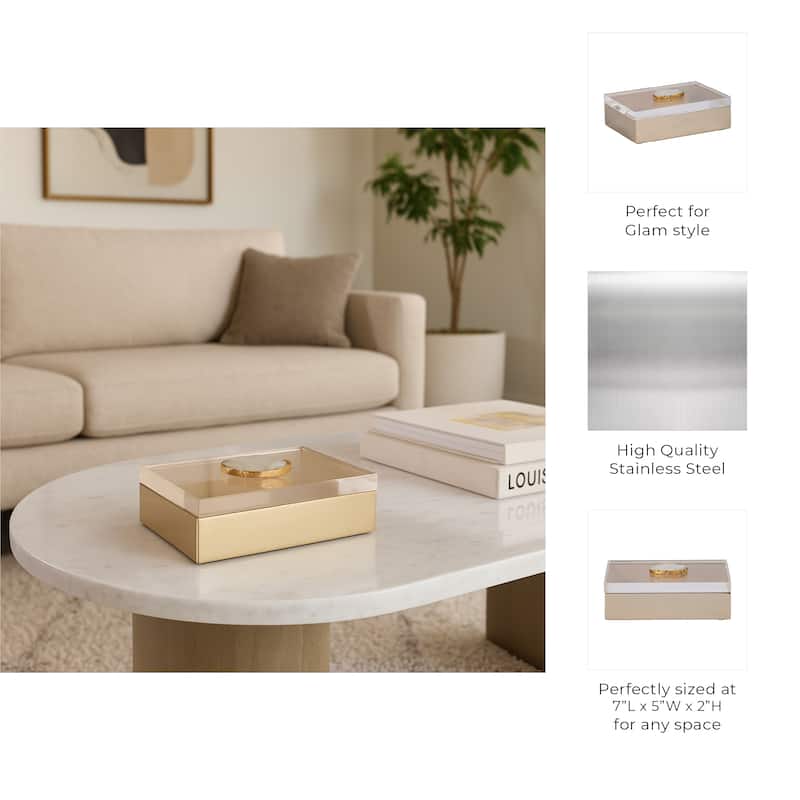 Decorative Box with Lid & Agate Stone Knob - 7", Gold & White - 7.0"