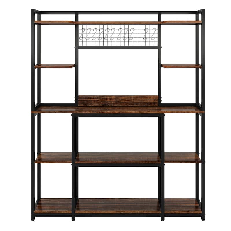 Large 55" Baker's Rack with Hutch -5-Tier Storage Shelf with Hooks & Microwave Stand, Kitchen Hutch Cabinet with Metal Frame
