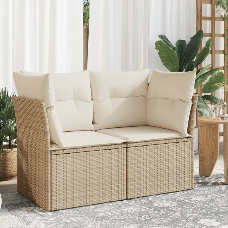 vidaXL Patio Sofa with Cushions Outdoor Seating Sectional Sofa Poly Rattan - Beige and cream 2-Seater - 24.4 x 48.8 x 27.2 in