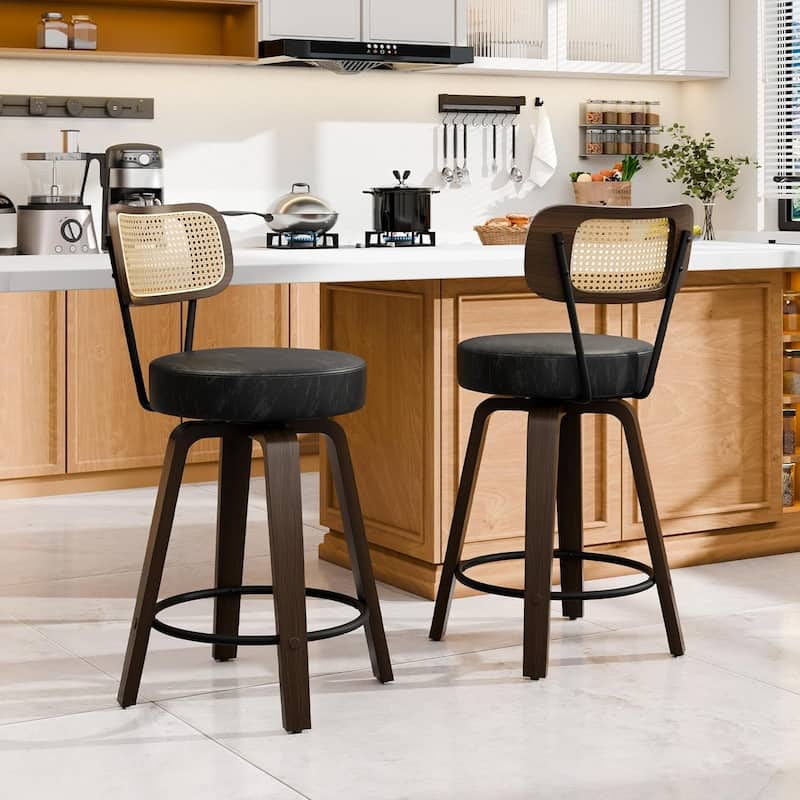 XINMICS 26 Inches Swivel Counter Height Bar Stools with PE Rattan Back, Faux Leather Upholstered Bar Chairs, Set of 2/3/4 - Set of 2 - Black - Counter Height
