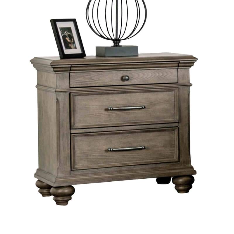 Transitional Nightstand - Aged Oak Finish with Round Knobs & Bun Feet