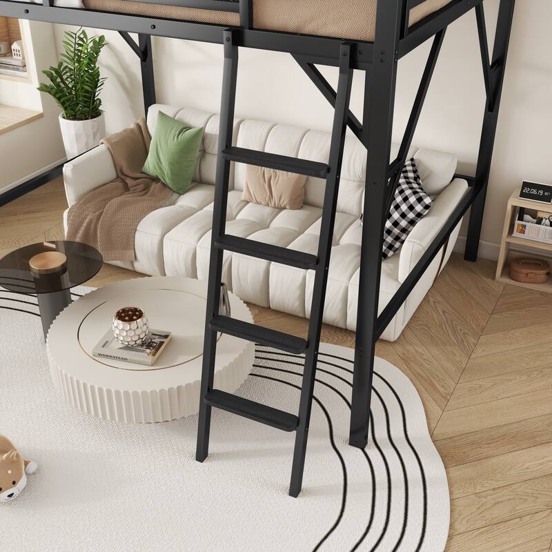 High Loft Bed Frame with Upper Side Storage Shelves, Black Metal Loft Bed with Ladder for Kids Teens