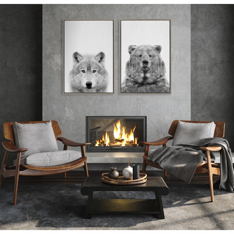 Kate and Laurel Sylvie Wolf And Bear Framed Canvas Set by Tai Prints - Gray