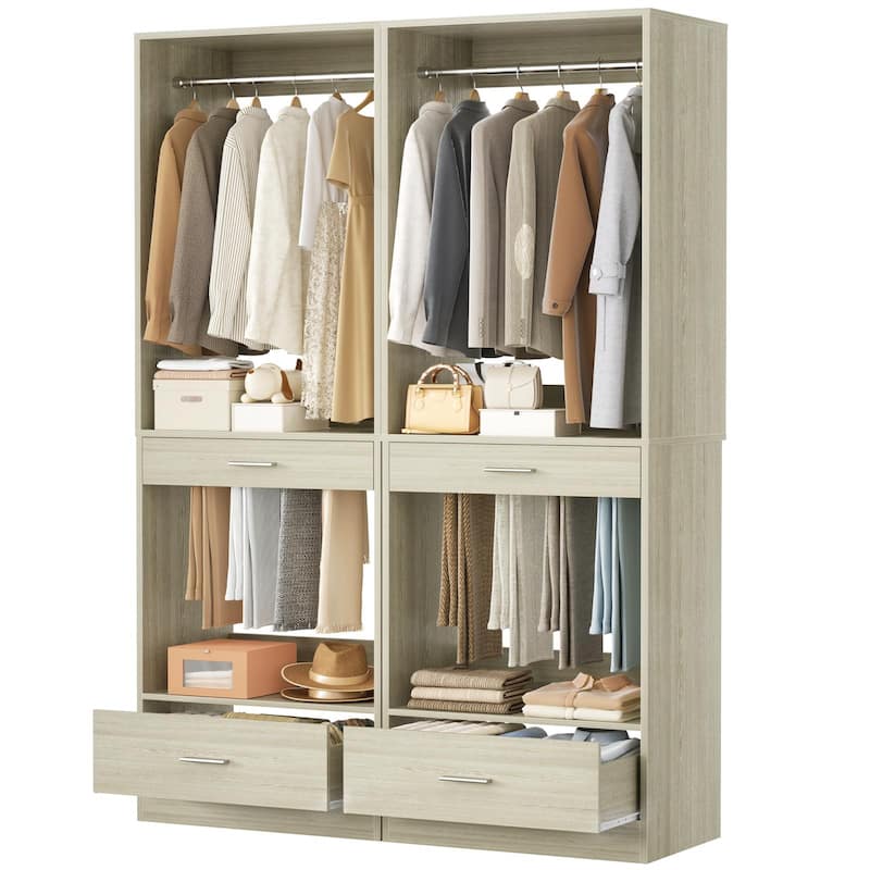 Qvella 23.6'' W Closet System with Hanging Rods and Wooden Drawers, Modular Walk-In Closet Organizer with Pants Rack