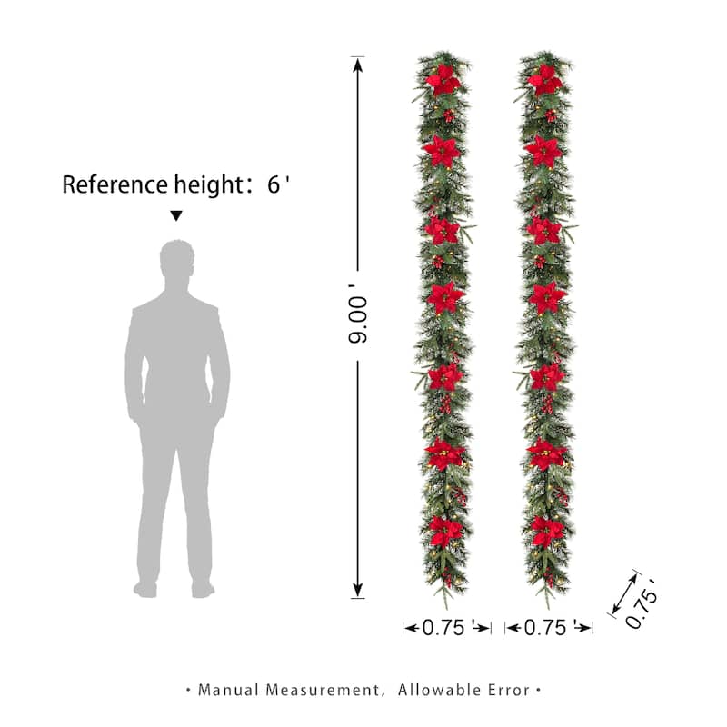 Glitzhome 9ft Pre-Lit Greenery Pine Berries Christmas Garland with Timer