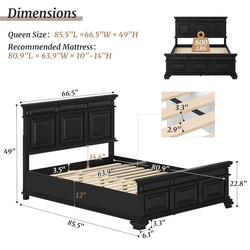 Classic Solid Wood Panel Bed Frame