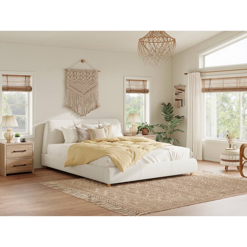 Queen Size Modern Upholstered Bed Frame with Linen Fabric and Solid Wood Legs, White