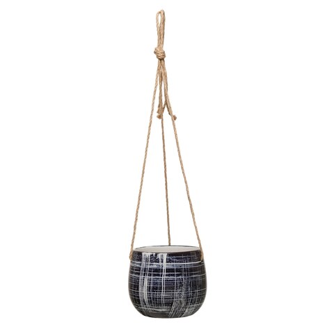 Hanging Stoneware Planter with Pattern & Jute Hanger, Blue (Holds 5" Pot)