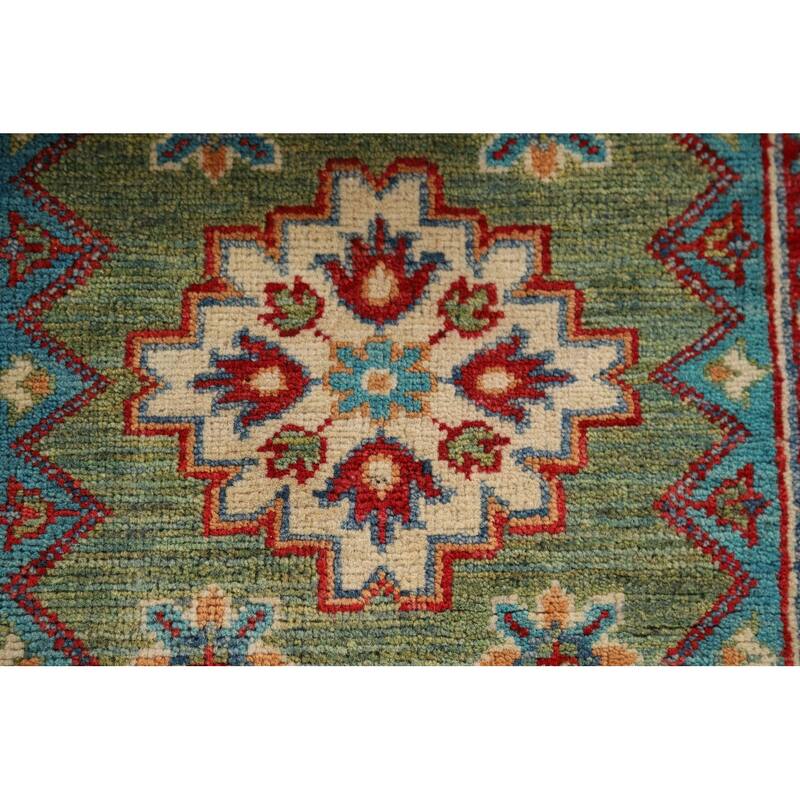Green Geometric Kazak Oriental Foyer Rug Hand-Knotted Wool Carpet - 2'8" x 4'0"