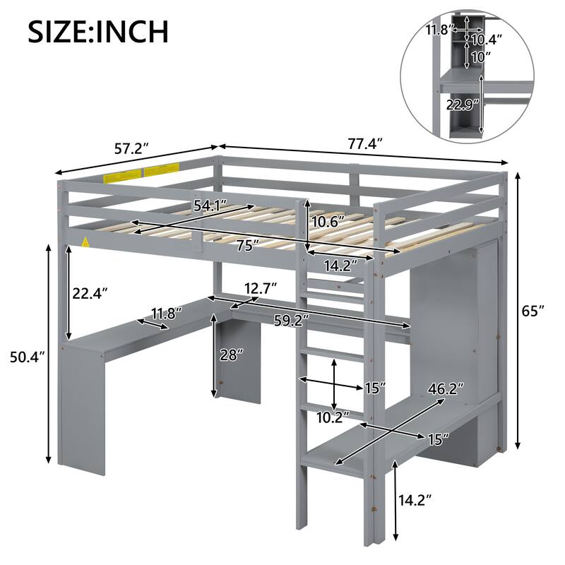 Twin Size Loft Bed with L-Shaped Desk, Wardrobe, Storage Shelves & Full-Length Guardrails, No Box Spring Needed