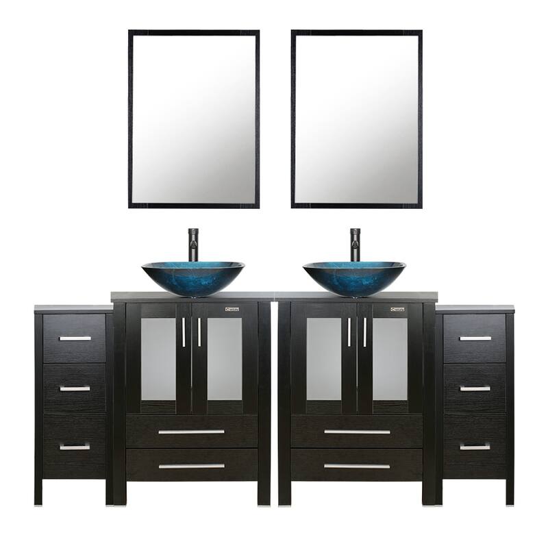 72" Bathroom Vanity Set Vessel Sink Cabinet Mirror Combo - Black - turquoise square sink