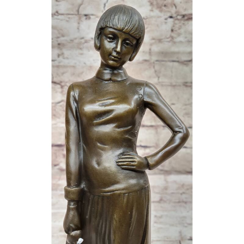 Bronze Sculpture Statue Figure Of Young Woman Fencer Standing With Sword On Marble Base