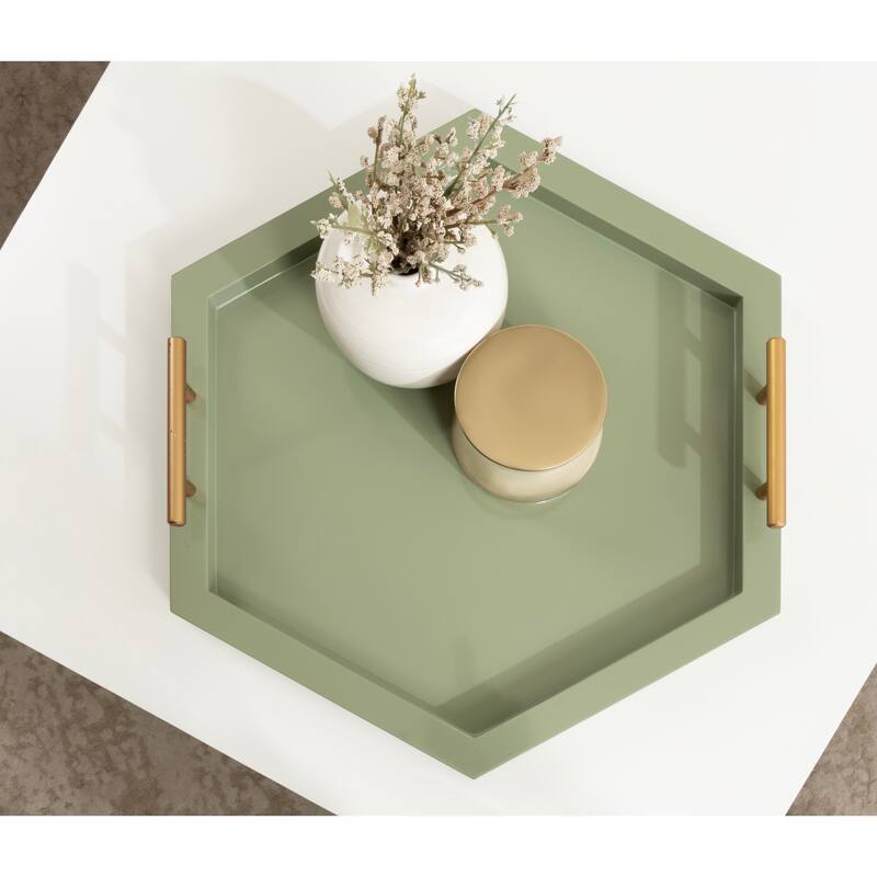 Halsey Hexagon Decorative Wood Tray with Polished Metal Handles