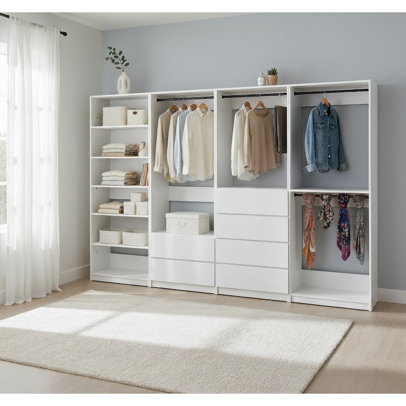 Prosper White Freestanding Walk in Wood Closet System - 125.6"W x 15.7"D x 83" H