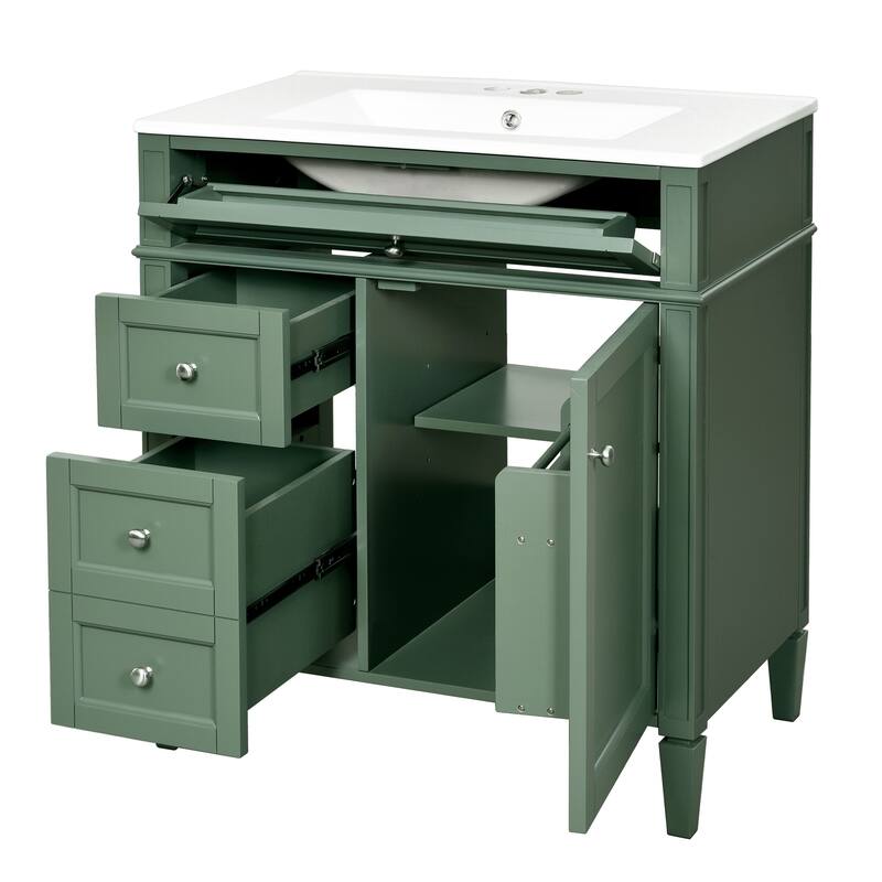 Modern 30" Bathroom Vanity with Ceramic Sink, 2 Drawers & Tip-Out Drawer for Bathroom Storage