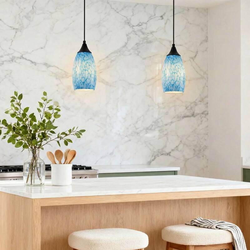 Modern Matte Black 1 Light Pendant with Blue Art Glass for Kitchen Island Dining Room