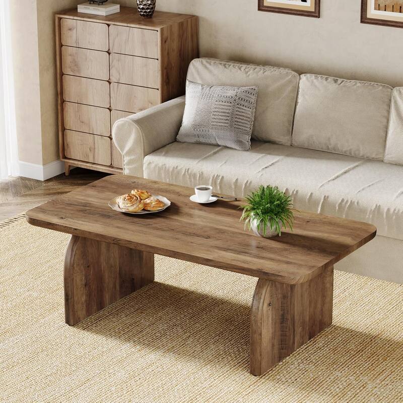 47"Rectangle Coffee Table, Wooden Living Room Table, Accent Center Low Cocktail Tea Table with Sturdy Base & Rounded Corners
