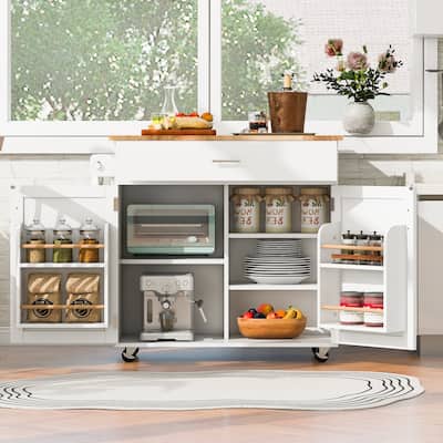 Kitchen Island Cart on Wheels, Rolling Island Kitchen Carts, Kitchen Island with Drop Leaf Wood Top, Drawer & Storage Rack