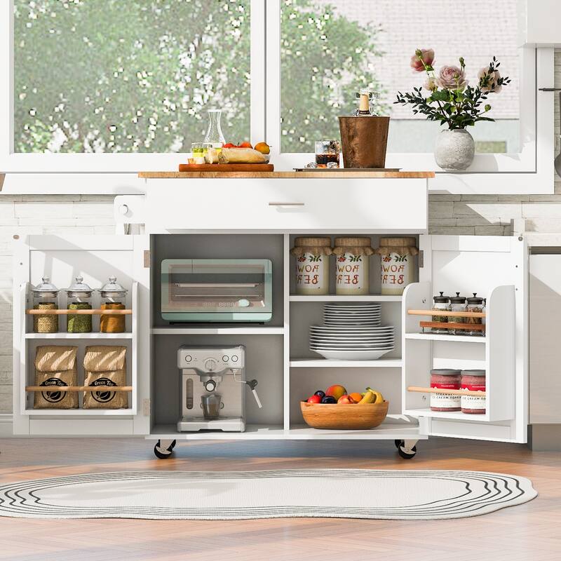 Rolling Kitchen Island with Divider and Internal Storage Rack