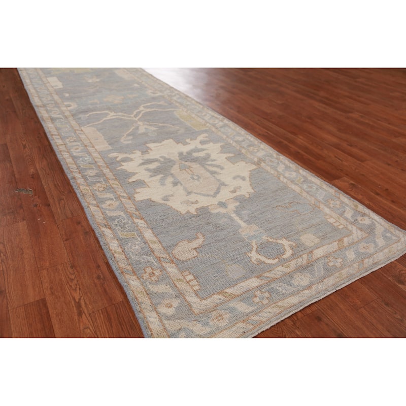 Hand Knotted Oriental 100% Wool Carpet Transitional Floral Greys & Charcoal Oushak Runner Rug - 11' 7'' X 2' 11''