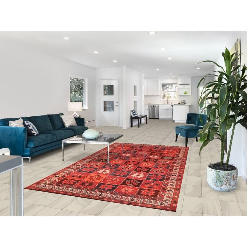 Hand Knotted Oriental 100% Wool Carpet Traditional All-Over Red Shiraz Area Rug - 9' 3'' X 5' 3''