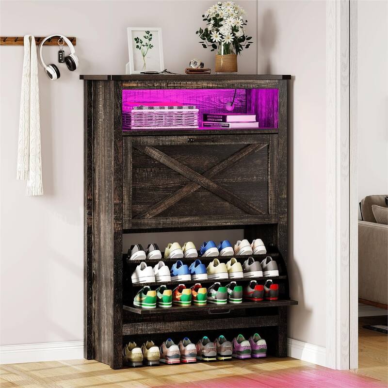 Moasis 2 Flip Drawers Shoe Storage Cabinet with LED Lights 16 Pairs Shoe Rack for Entryway - Oak