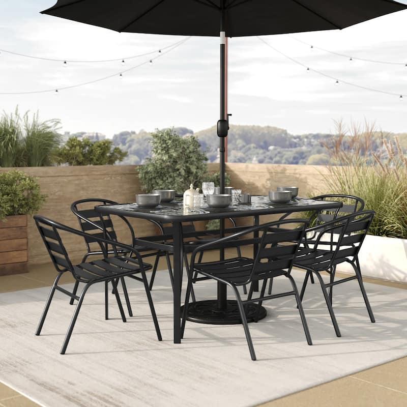 Outdoor Dining Set for 6 with Glass Patio Table and 6 Metal Stack Chair in Black - Black