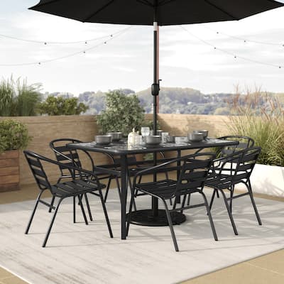 Outdoor Dining Set for 6 with Glass Patio Table and 6 Metal Stack Chair in Black
