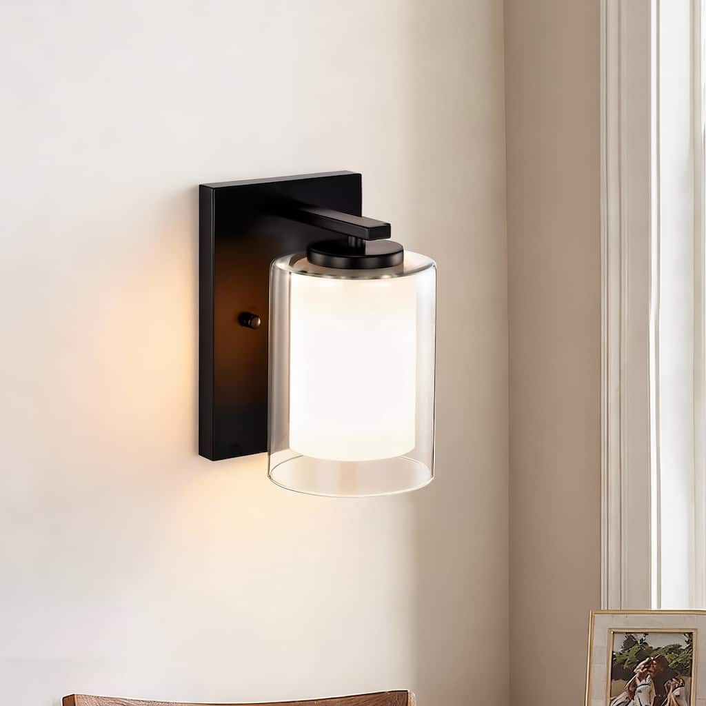 Matte Black/Brushed Nickel 1-Light Indoor Bathroom Vanity Light Wall Sconce with Dual Glass Shades