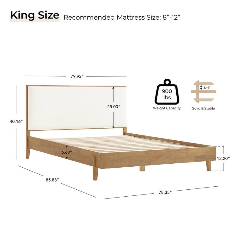 Spruce & Spring Modern Bouclé Platform Bed with Upholstered Headboard & Solid Wood Frame