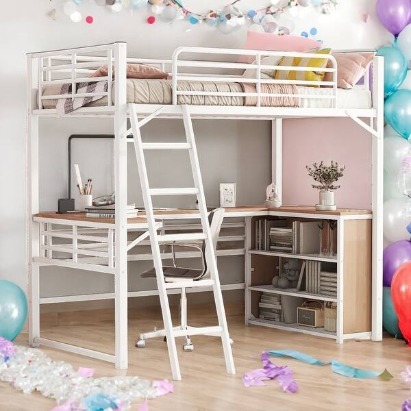 slide 2 of 13, Twin Size Metal Loft Bed with L-shaped Desk and Shelves, Sturdy Steel Frame, Space-Saving Design for Bedroom White