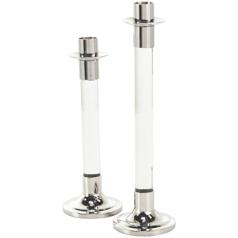 Gold or Silver Stainless Steel Metal Candle Holder with Clear Glass Center (Set of 2)