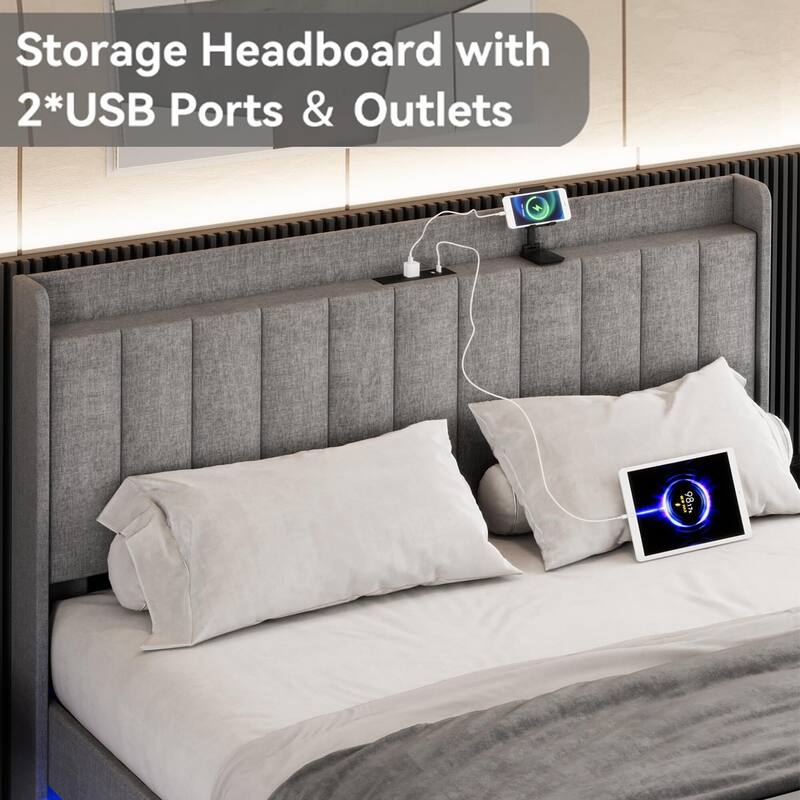 Floating Bed Frame with LED Lights, Upholstered Platform Bed Frame with Charging Station & Storage Headboard